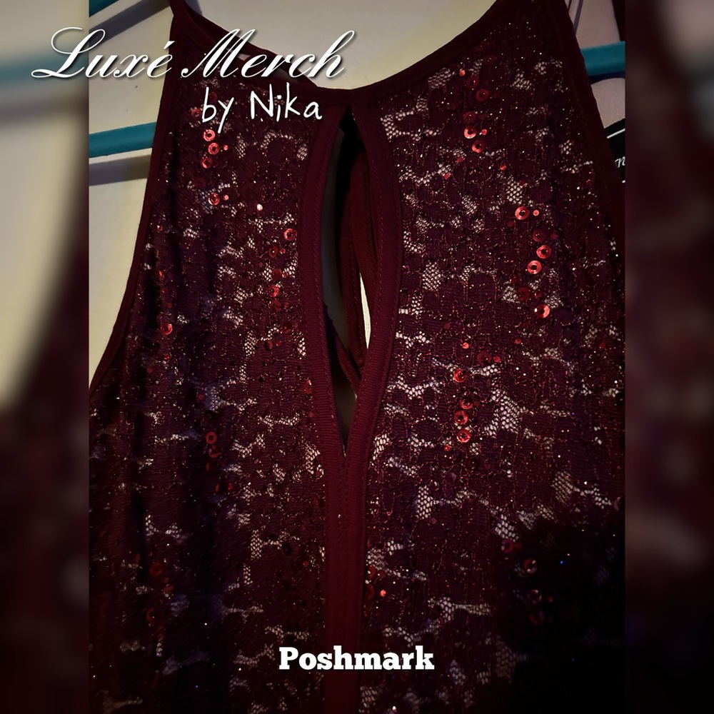 Morgan & Co Sequined Halter Maxi Formal Mermaid Dress - Color Merlot/Nude Size 5 - Picture 10 of 10
